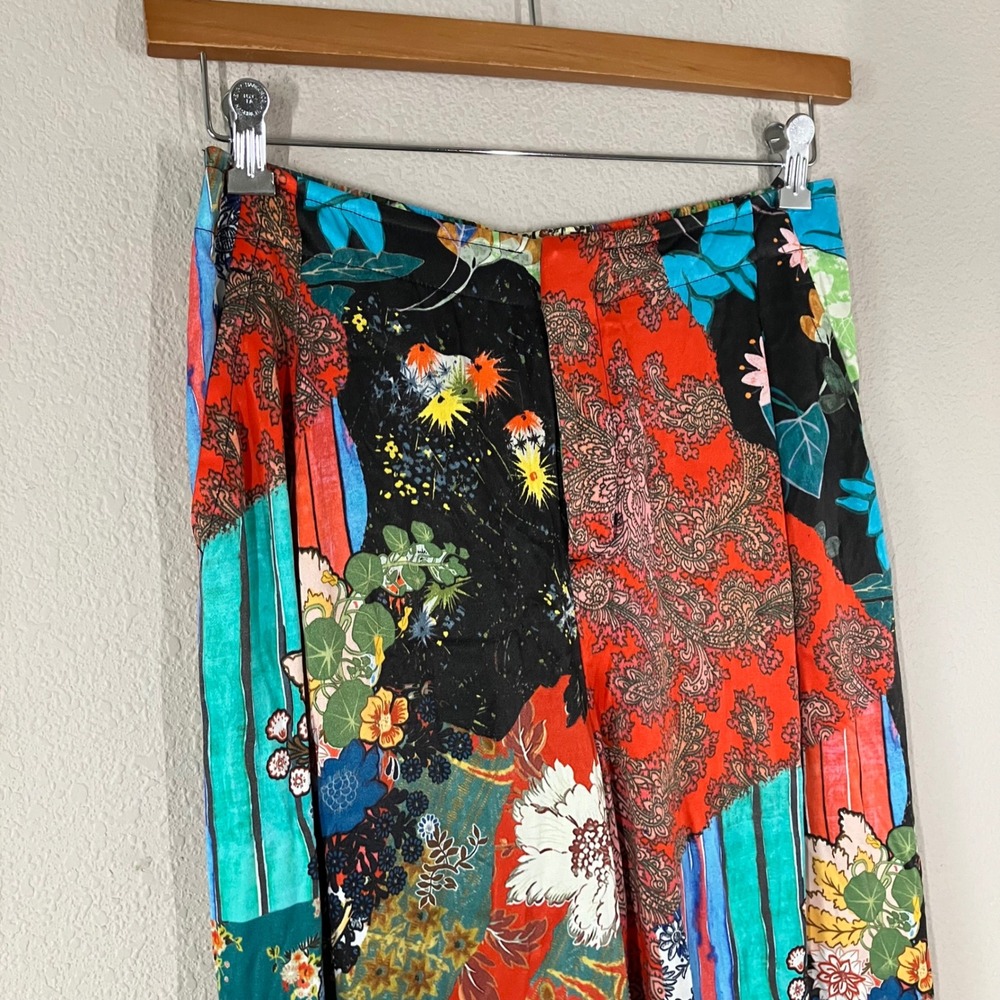 ANTHROPOLOGIE Satin Wide Leg Pants 8 Asian Chinoiserie Print Patchwork Artsy - Picture 10 of 13